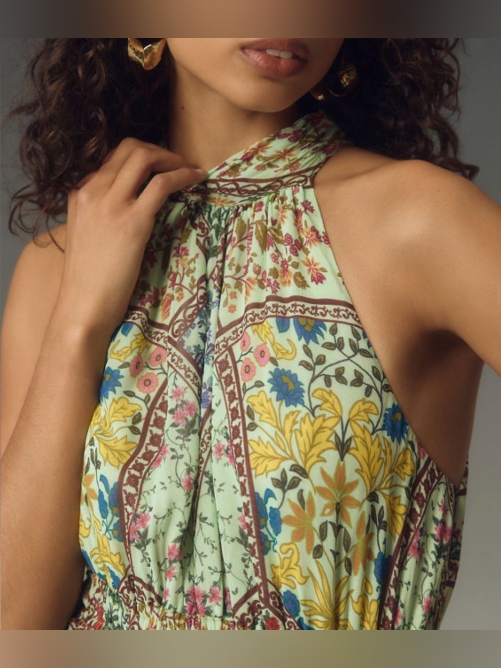 Anthropologie Halter Floral Maxi Dress in Mint, Yellow & Green - Picture 3 of 10